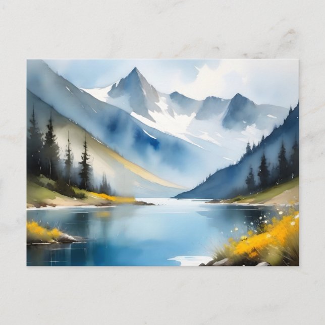 Schneebedeckte Berge und See Postkarte (Vorderseite)