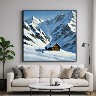 Schneebedeckte Berghütte - Malerischer Landschafts Poster