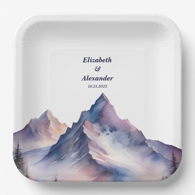 Schneebedeckte Berglandschaft Hochzeit Pappteller (Vorderseite)
