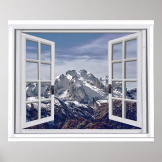Schneebedeckte Bergspitzen Imitate Fensterlandscha Poster