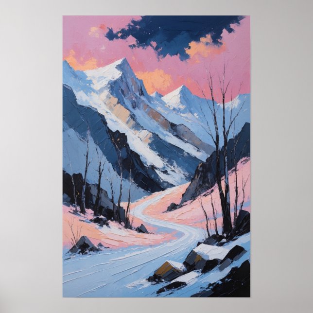 Schneebedeckte Bergstraße Winterlandschaft Malerei Poster (Vorne)