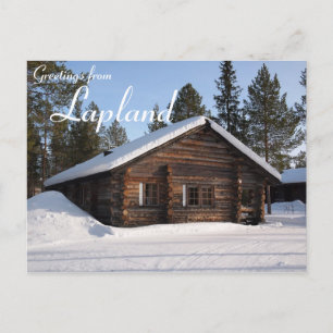 Schneebedeckte Blockhütte in Lappland-Textpostkart Postkarte