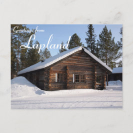 Schneebedeckte Blockhütte in Lappland-Textpostkart Postkarte