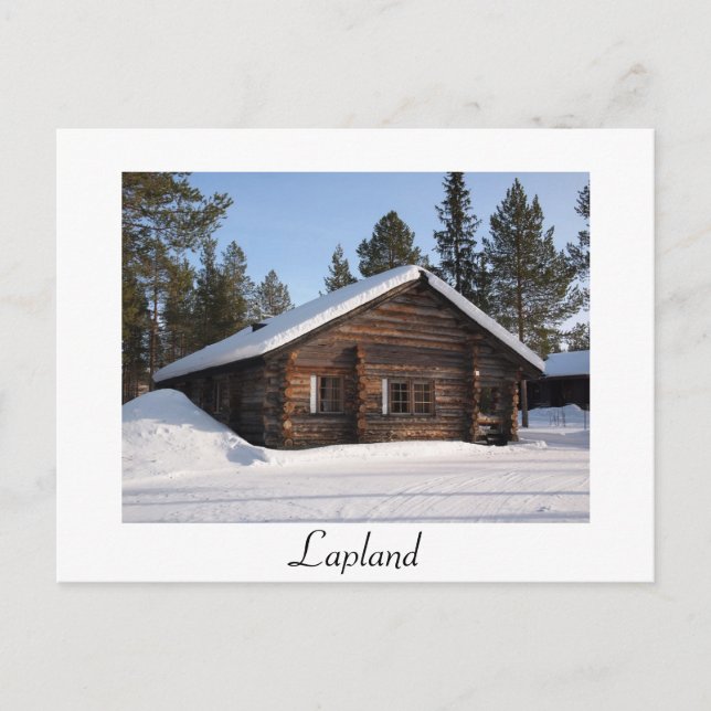 Schneebedeckte Blockhütte in Lappland-Textpostkart Postkarte (Vorderseite)