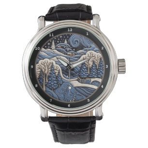 Schneebedeckte Dorfszene mit Winterbäumen Armbanduhr