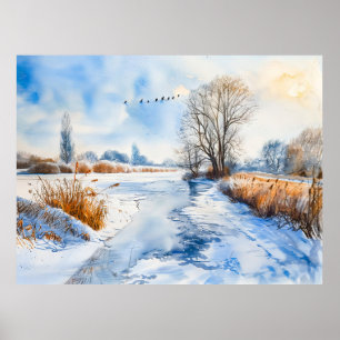 Schneebedeckte Flussufer im Winter Havelland Aquar Poster