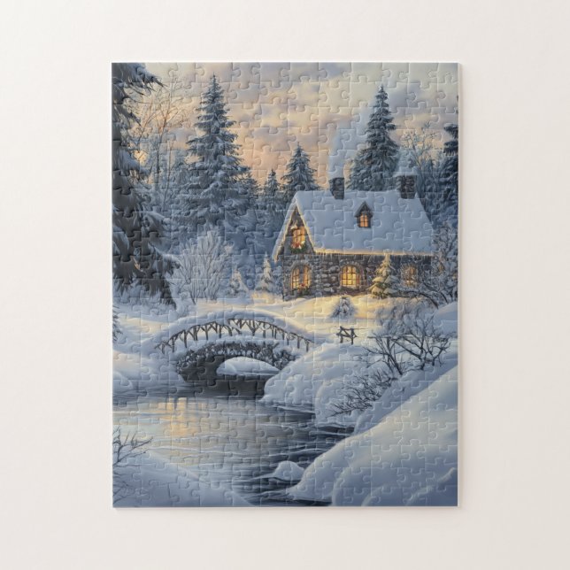 Schneebedeckte Hütte am Bach Puzzle (Vertikal)