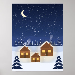 Schneebedeckte Hütten unter einem sternenklaren Hi Poster
