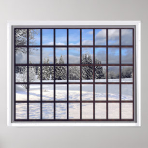 Schneebedeckte Imitate Winterlandschaft Fenster Poster