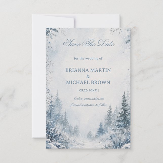 Schneebedeckte Kiefern Blau Save The Date (Vorderseite)