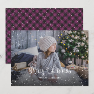Schneebedeckte lila Büffelkariert-Foto-Weihnachtsk Feiertagskarte