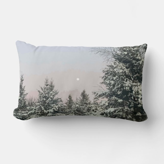 Schneebedeckte Pine Trees Moon Sunset Lendenkissen (Vorderseite)