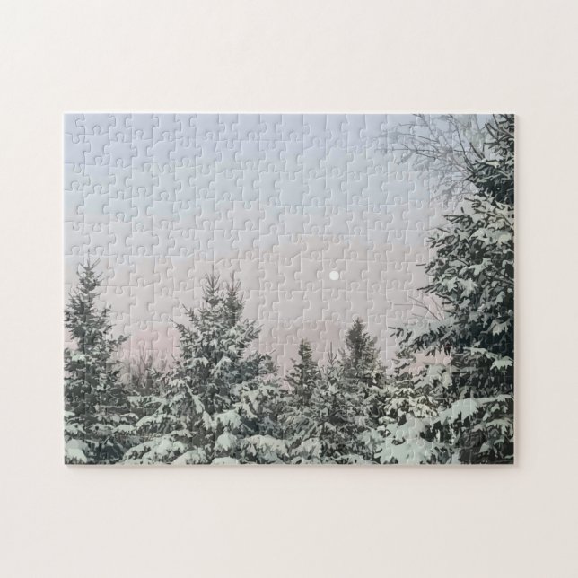 Schneebedeckte Pine Trees Moon Sunset Puzzle (Horizontal)