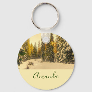 Schneebedeckte Pinienwälder Foto Schlüsselanhänger