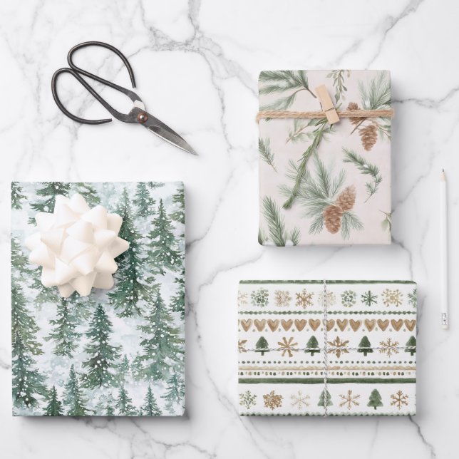 Schneebedeckte Weihnachtsbäume Geschenkpapier Set (Vorderseite)