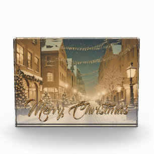 Schneebedeckte Weihnachtsstraßen in der Innenstadt Fotoblock