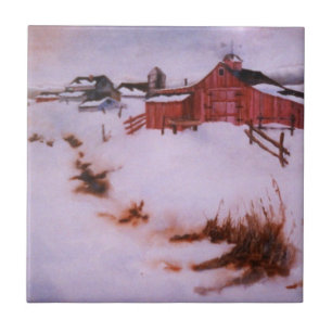 Schneebedeckte Winterfarm mit mehreren Scheunen Fliese