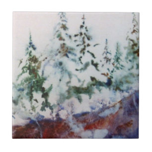 Schneebedeckte Winterkiefern am Rande einer Klippe Fliese