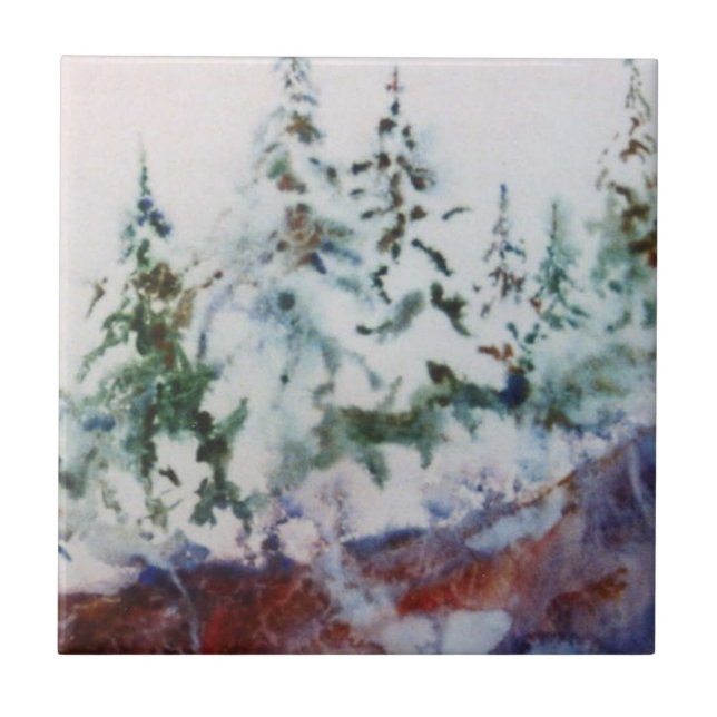 Schneebedeckte Winterkiefern am Rande einer Klippe Fliese (Vorderseite)