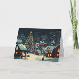 Schneebedeckte Zuhause mit festlichen Lichtern Karte