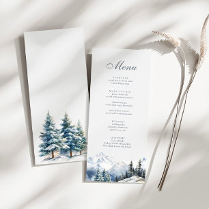 Schneebedeckter Berg & Kiefern Hochzeit Menükarte