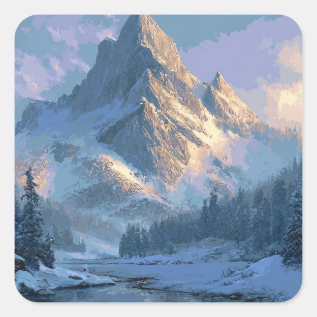 Schneebedeckter Berg Quadratischer Aufkleber (Vorderseite)