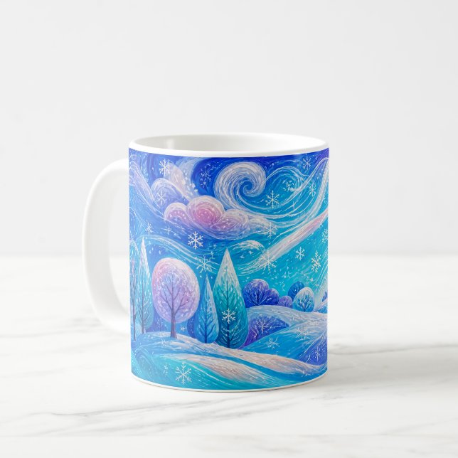 Schneebedeckter Bergwald mit treibendem Schnee Kaffeetasse (Vorderseite Links)