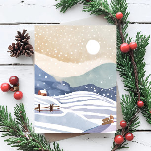 Schneebedeckter Hang   Wasserfarben Winter Feiertagskarte