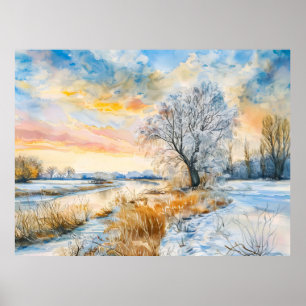 Schneebedeckter Havel Fluss mit Weidenbaum. Aquare Poster