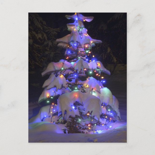 Schneebedeckter, hellblauer Weihnachtsbaum Feiertagspostkarte (Vorderseite)