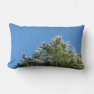 Schneebedeckter Kiefernbaum auf blauem Himmel Lendenkissen