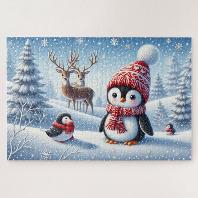 Schneebedeckter Wald mit Pinguinen und Rentieren Puzzle (Horizontal)