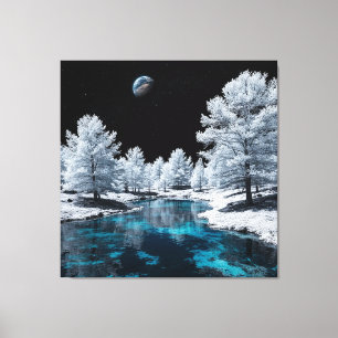 Schneebedeckter Wald und ruhiger See unter dem Him Leinwanddruck