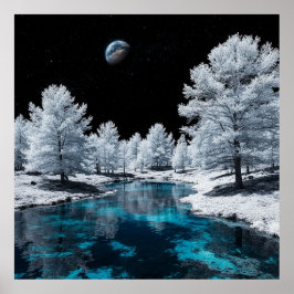 Schneebedeckter Wald und ruhiger See unter Himmel Poster