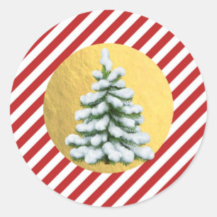 Schneebedeckter Weihnachtsbaum Rot Streifen Goldfo Runder Aufkleber