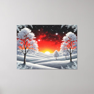Schneebedeckter Winterwald unter rotem Sonnenunter Leinwanddruck