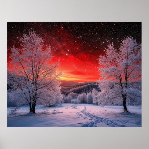 Schneebedeckter Winterwald unter rotem Sonnenunter Poster