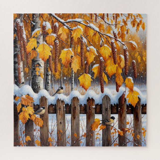 Schneebedeckter Zaun mit Vögeln Puzzle (Vertikal)