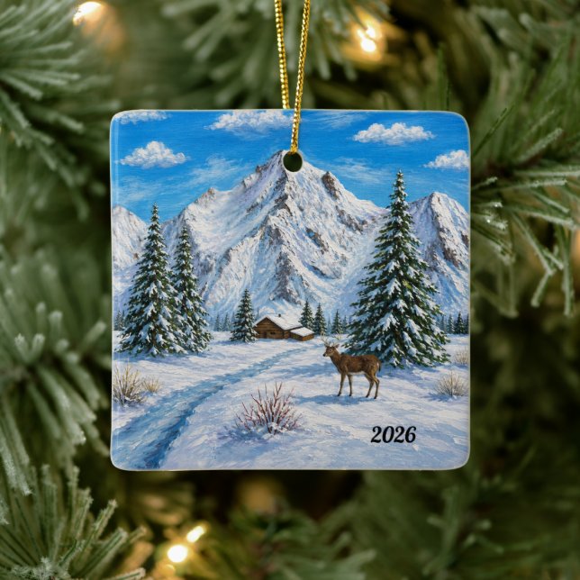 Schneebedecktes Bergtal Keramikornament (Baum)