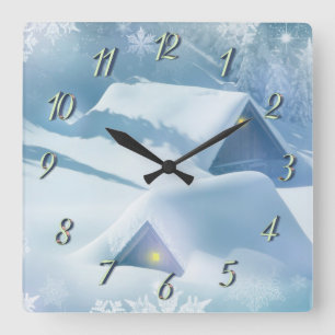 Schneebedecktes Dach in einem Wald Quadratische Wanduhr