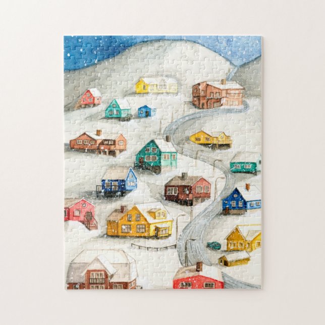 Schneebedecktes Winterdorf Kunst Puzzle (Vertikal)