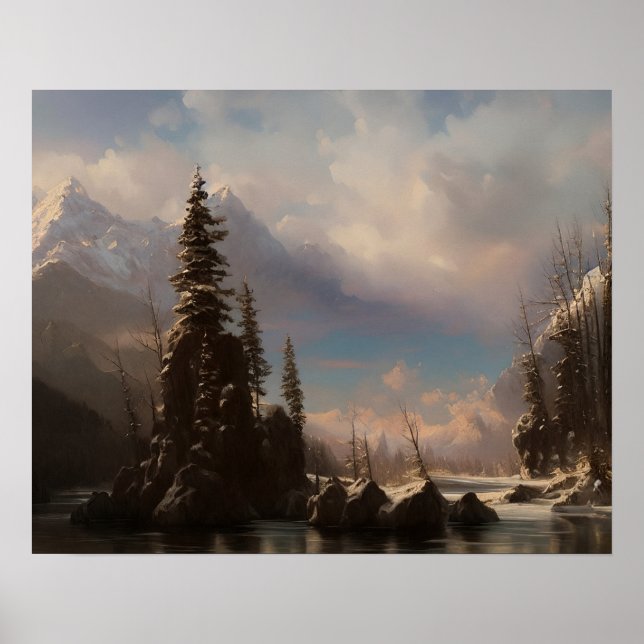 Schneebergbild am See - Landschaftskunst Poster (Vorne)