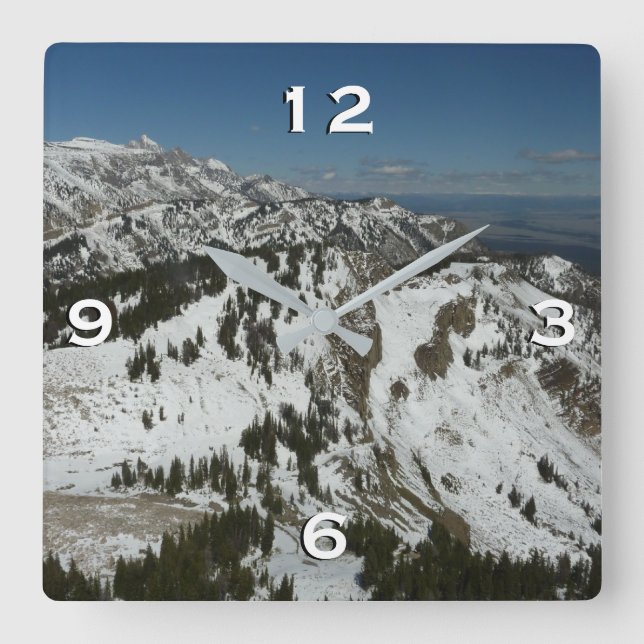 Schneeberge Gipfel des Großen Tetons I Fotografie Quadratische Wanduhr (Vorderseite)