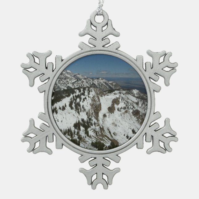 Schneeberge Gipfel des Großen Tetons I Fotografie Schneeflocken Zinn-Ornament (Vorderseite)