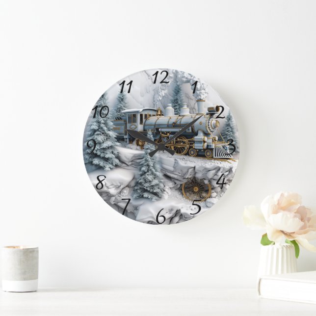 Schneeberge mit Dampfzug Kunst Große Wanduhr (Zuhause)