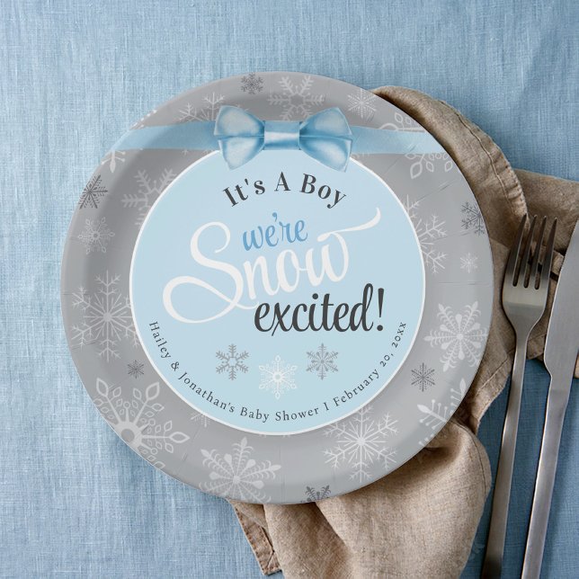 Schneebezaubernde Baby Boy Blue & Gray Snowflake D Pappteller (Cute pastel blue Its A boy We're Snow Excited winter snowflake baby brunch shower table decor plates)