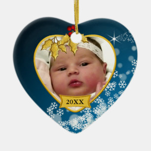 Schneeblaues und goldenes Foto zum 1. Weihnachten Keramik Ornament