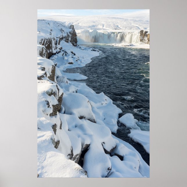 Schneedecke Godafoss Wasserfall Poster (Vorne)