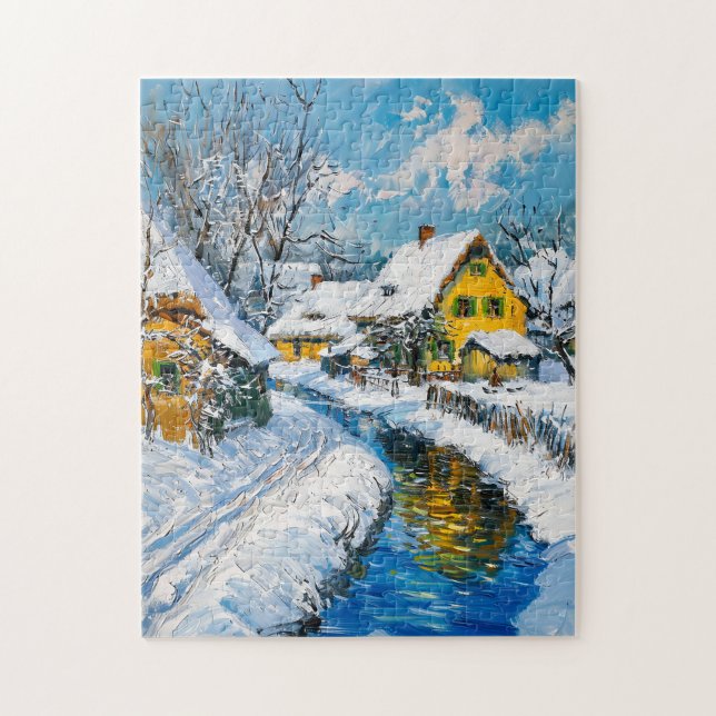 Schneedorf mit Bach und Bäumen Fantasy-Gemälde Puzzle (Vertikal)