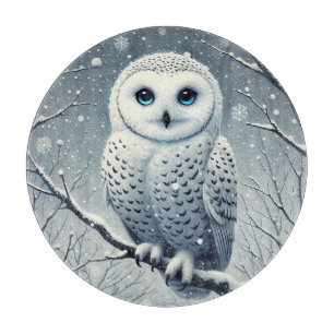 Schneeeule auf winterlichem Ast Schneidebrett